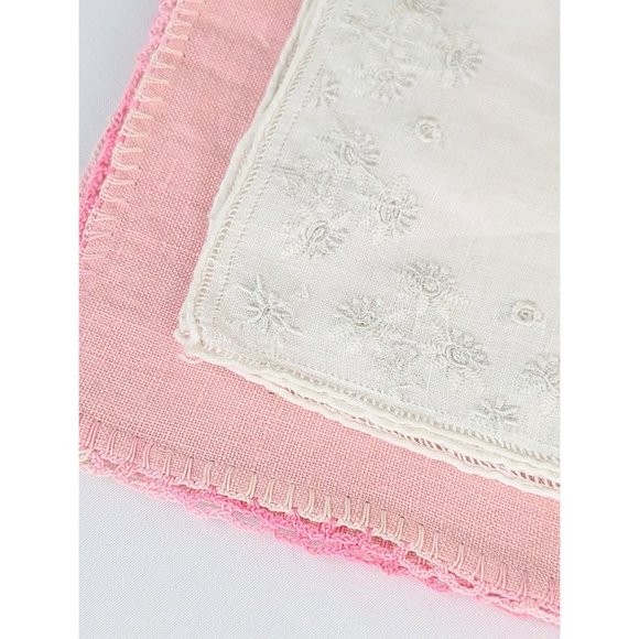 Pair of Antique Embroidered Organza Linen Cocktail Dinner Napkins White and Pink - Picture 7 of 7